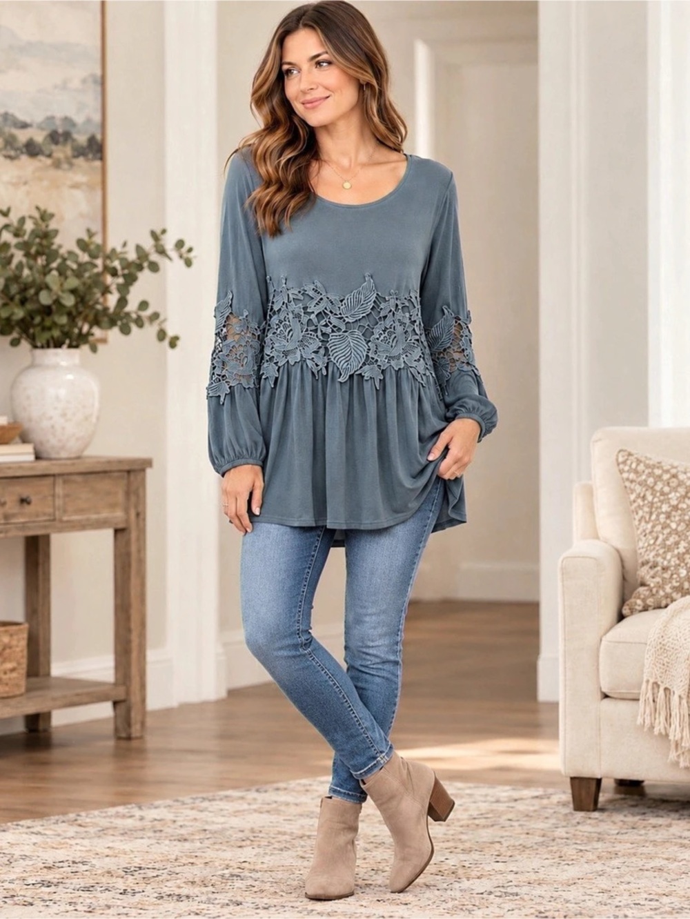 POL  boho-style lace insert tunic top in dusty denim blue shade Size S